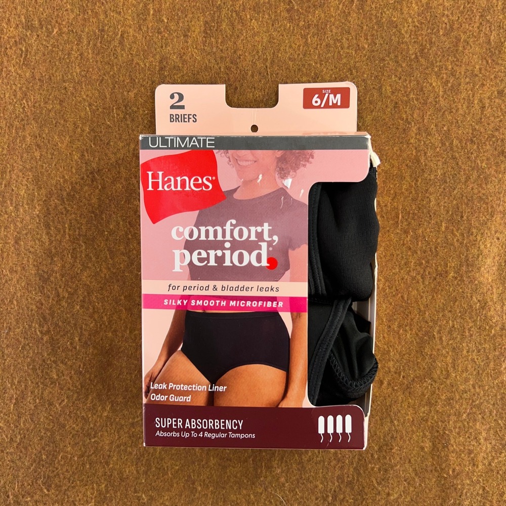 Hanes Womens 6/M Black Comfort Period Super Absorbency Briefs 2-Pack NWT
